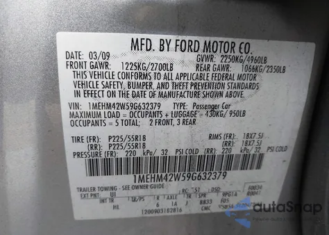 2009 Mercury Sable Premier from USA, damaged, VIN 1MEHM42W59G632379